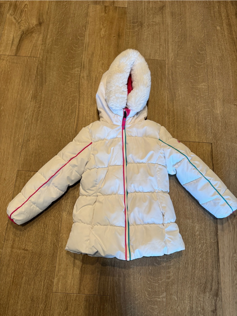 Snozu White Puffer Jacket with Pink and Teal Trim